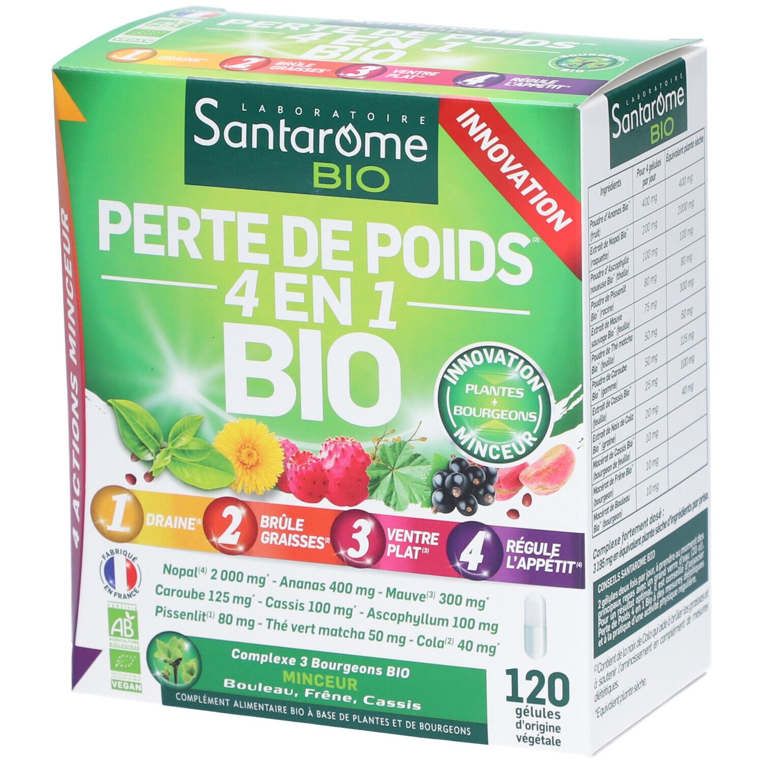 Boîte Santarome BIO Perte de Poids 4 en 1 BIO. Contient 120 gélules. Illustrations de fruits et plantes.