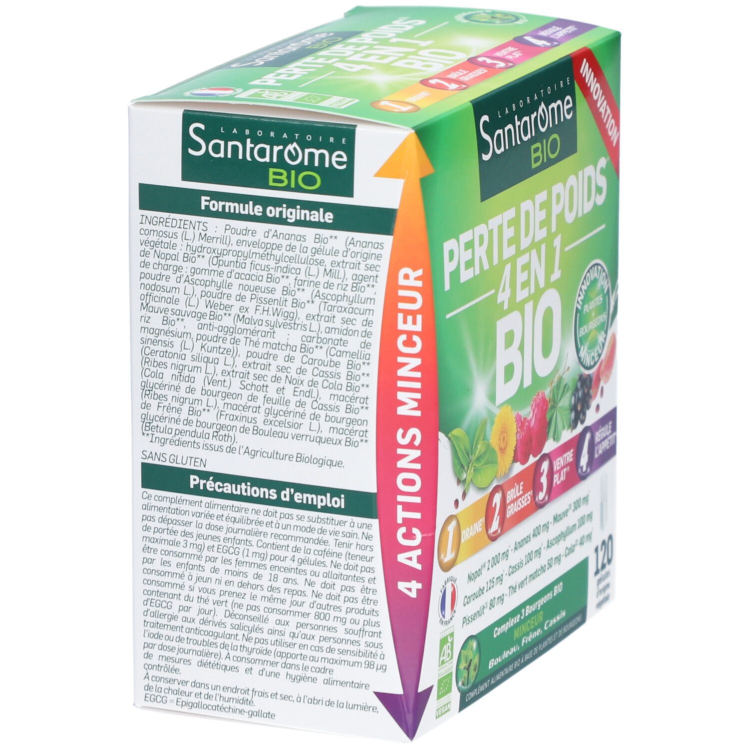 Boîte Santarome BIO Perte de Poids 4 en 1 BIO. Arrière avec ingrédients et avertissements.