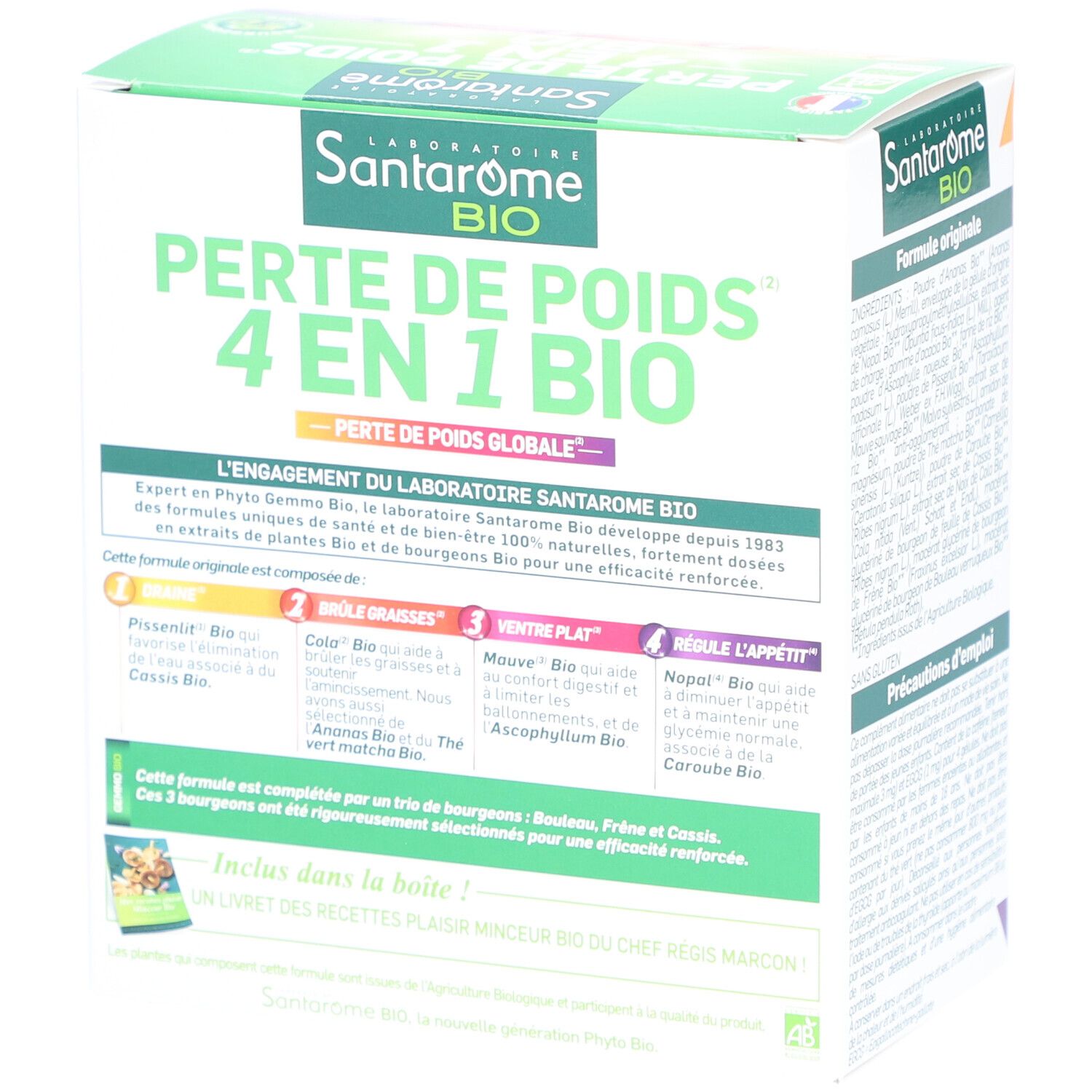 Boîte Santarome BIO Perte de Poids 4 en 1 BIO. Arrière avec informations produit et ingrédients.
