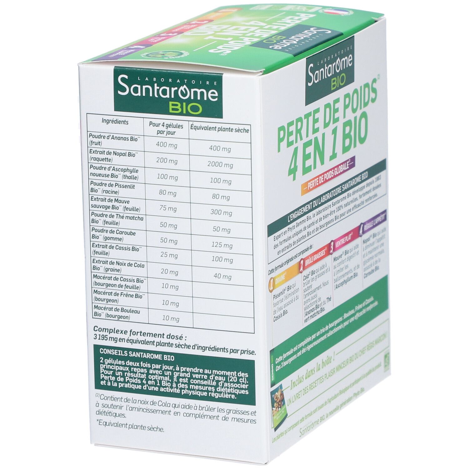 Boîte Santarome BIO Perte de Poids 4 en 1 BIO. Détail des ingrédients et du dosage.