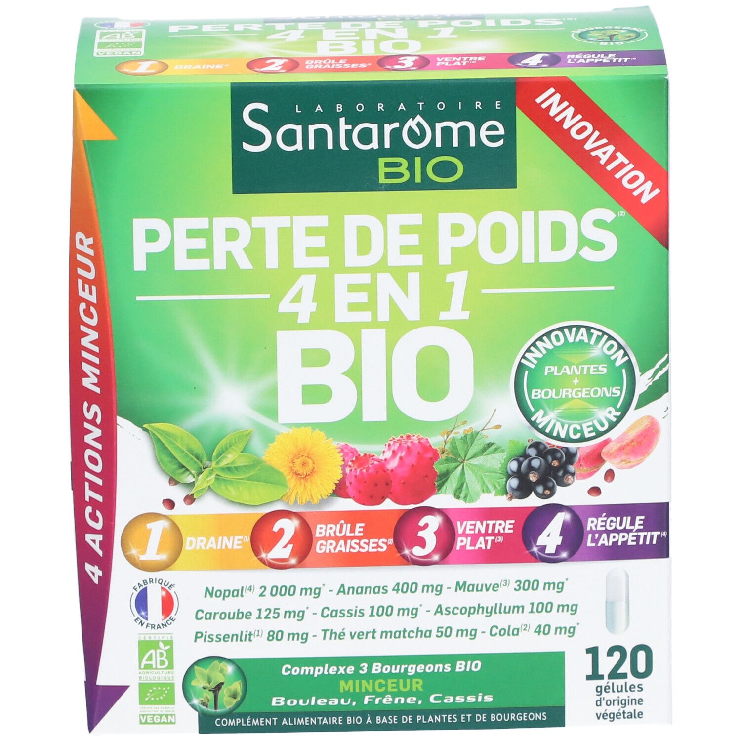 Boîte Santarome BIO Perte de Poids 4 en 1 BIO. Contient 120 gélules. Illustrations de fruits et plantes.