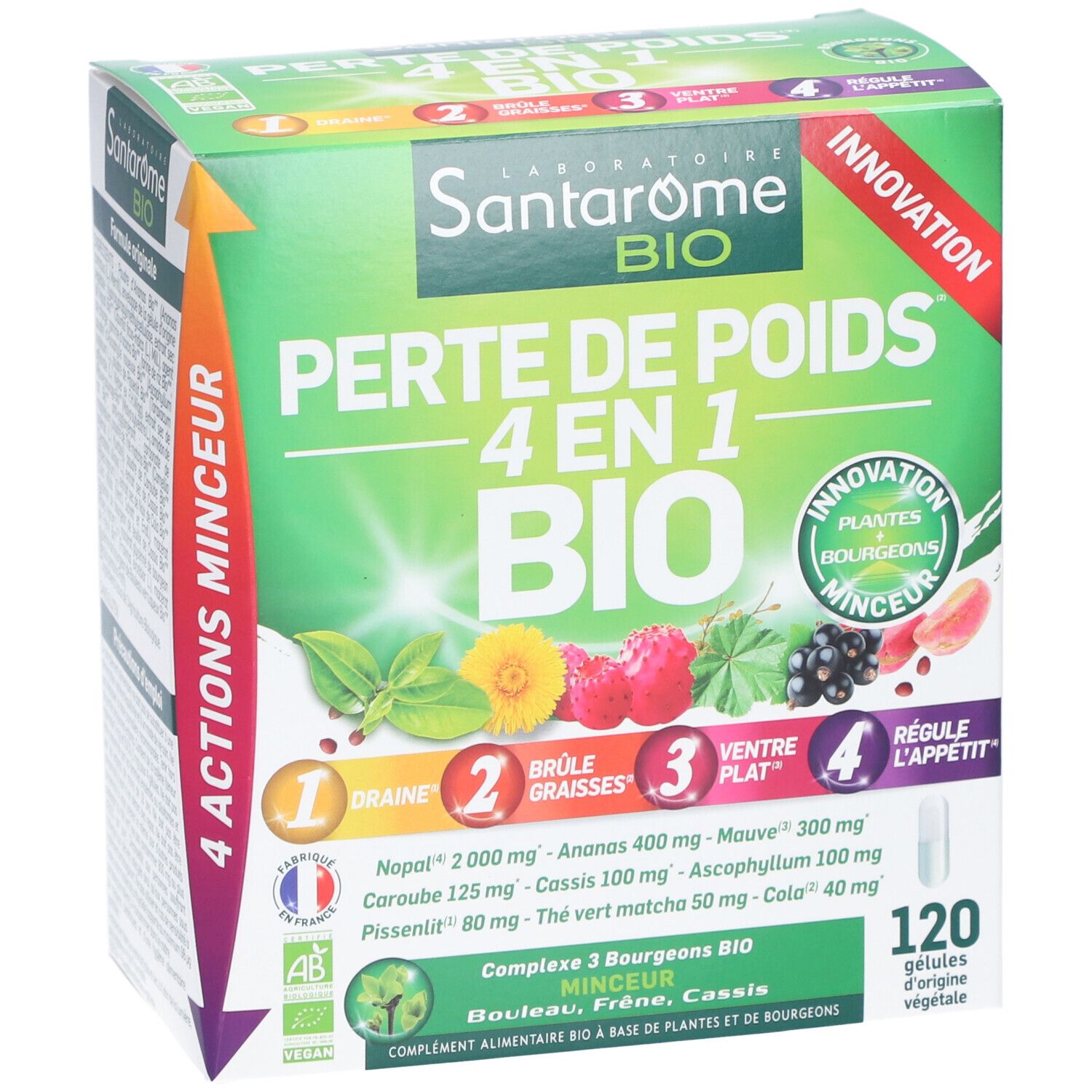 Boîte Santarome BIO Perte de Poids 4 en 1 BIO. Contient 120 gélules. Illustrations de fruits et plantes.