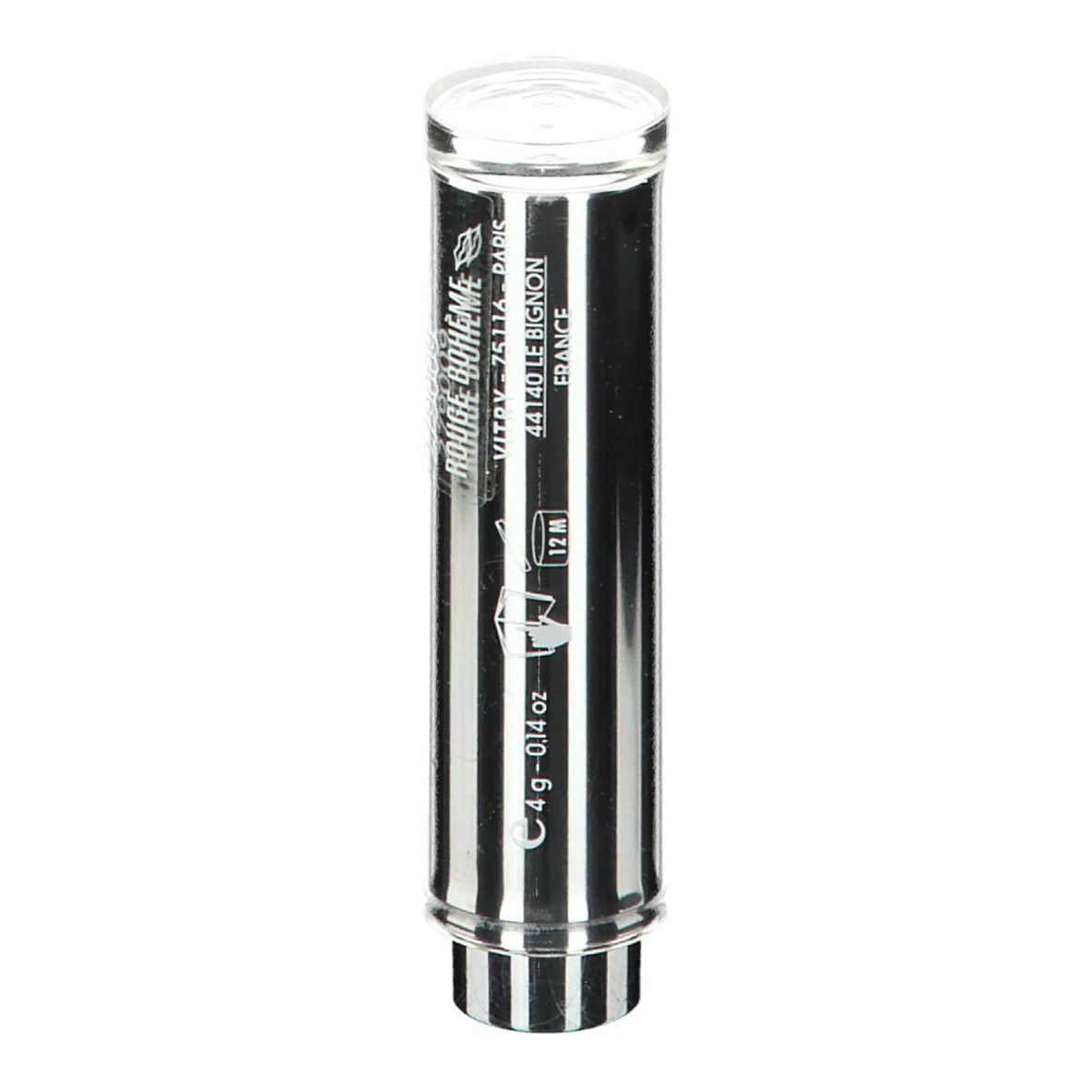 Rouge à lèvres cylindrique à rayures noires et blanches, couvercle transparent. Inscription: Rouge Bohême, Vitry, 4g.