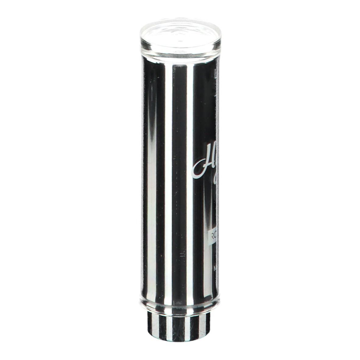 Rouge à lèvres cylindrique à rayures noires et blanches, couvercle transparent. Inscription: Hydra'Confort, Rouge.