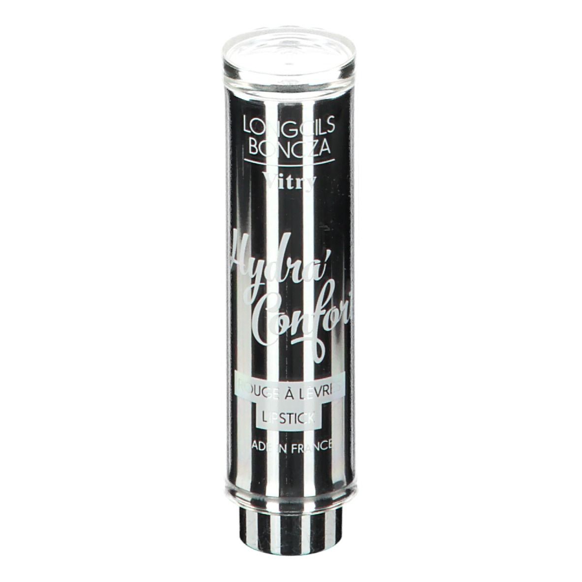 Rouge à lèvres cylindrique à rayures noires et blanches, couvercle transparent. Inscription: Hydra'Confort, Rouge à Lèvres.