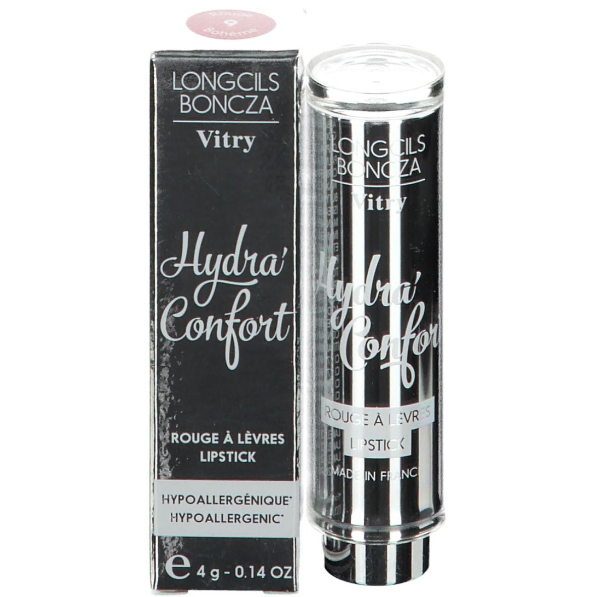 Rouge à lèvres et emballage. Boîte noire avec texte blanc: Hydra'Confort, Rouge à Lèvres, 4g. Rouge à lèvres à rayures noires et blanches.