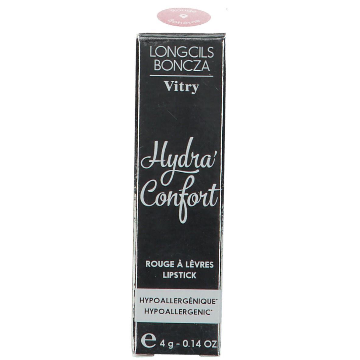 Boîte noire avec texte blanc: Hydra'Confort, Rouge à Lèvres, 4g. Hypoallergénique.