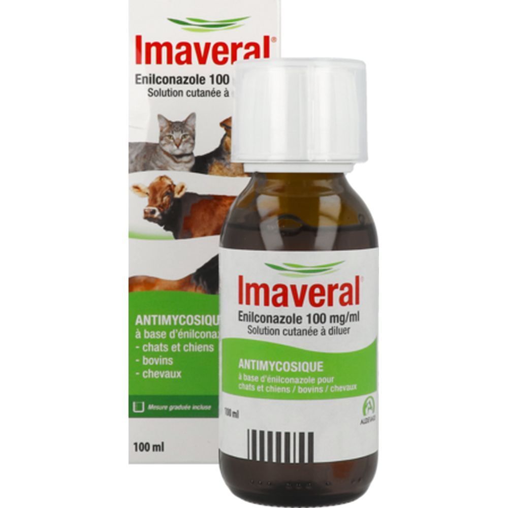 Flacon brun avec bouchon blanc et emballage. Inscription : Imaveral, Enilconazole 100 mg/ml. Animaux illustrés.