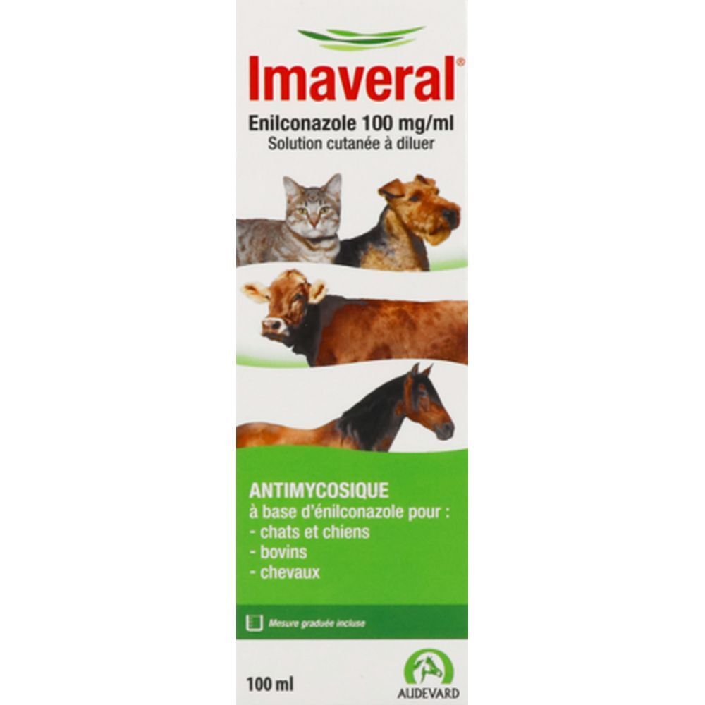 Emballage blanc avec inscription Imaveral, Enilconazole 100 mg/ml. Chat, chien, vache et cheval illustrés.
