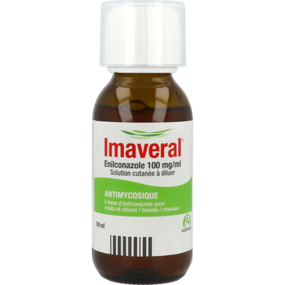 Flacon brun avec bouchon blanc. Inscription : Imaveral, Enilconazole 100 mg/ml. Antimycosique pour animaux.