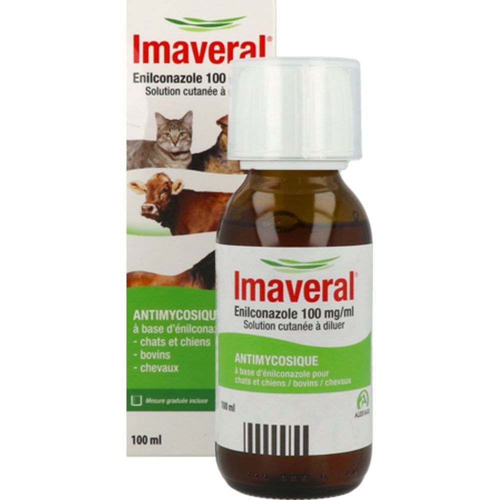 Flacon brun avec bouchon blanc et emballage. Inscription : Imaveral, Enilconazole 100 mg/ml. Animaux illustrés.