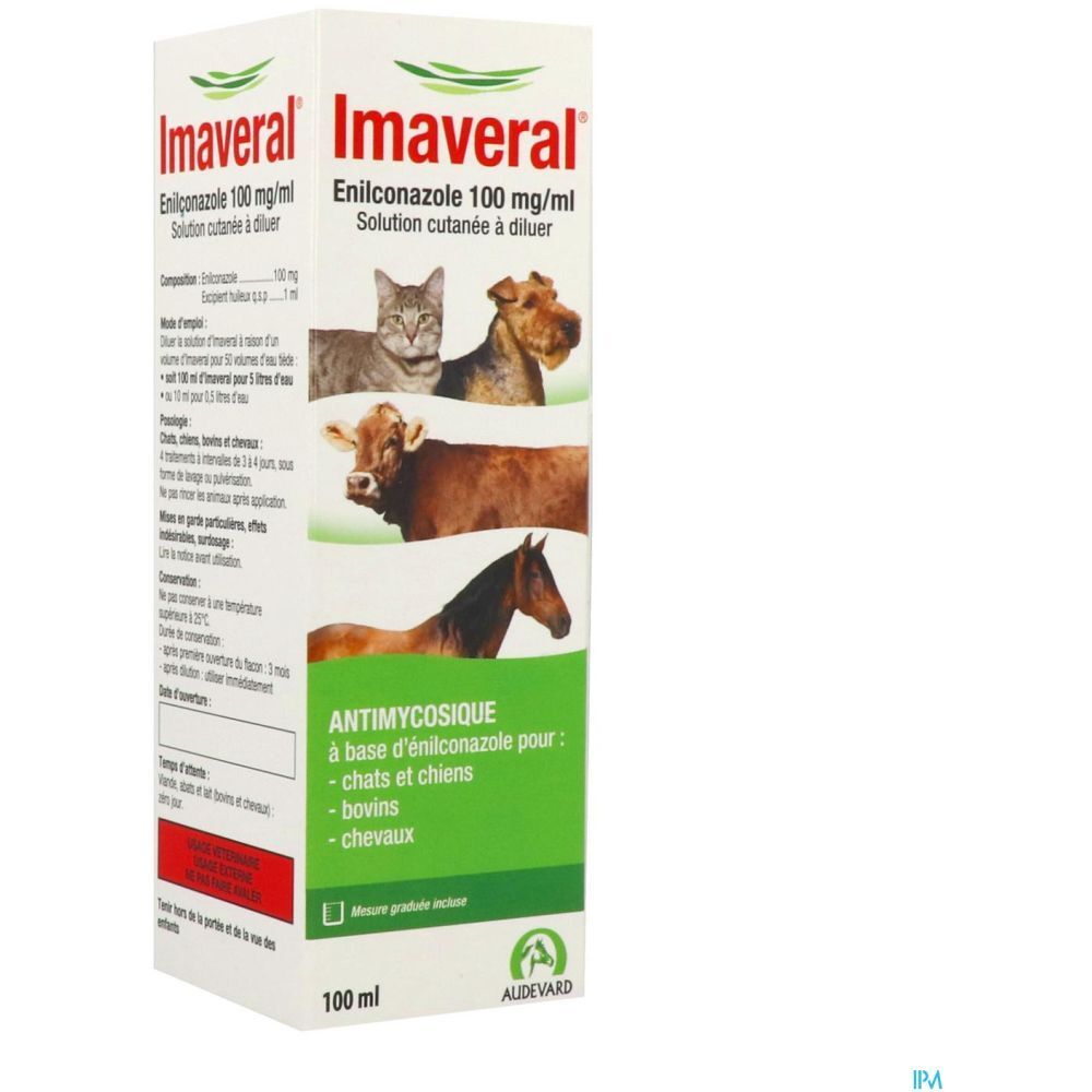 Emballage avec inscription Imaveral, Enilconazole 100 mg/ml. Chat, chien, vache et cheval illustrés. Texte.