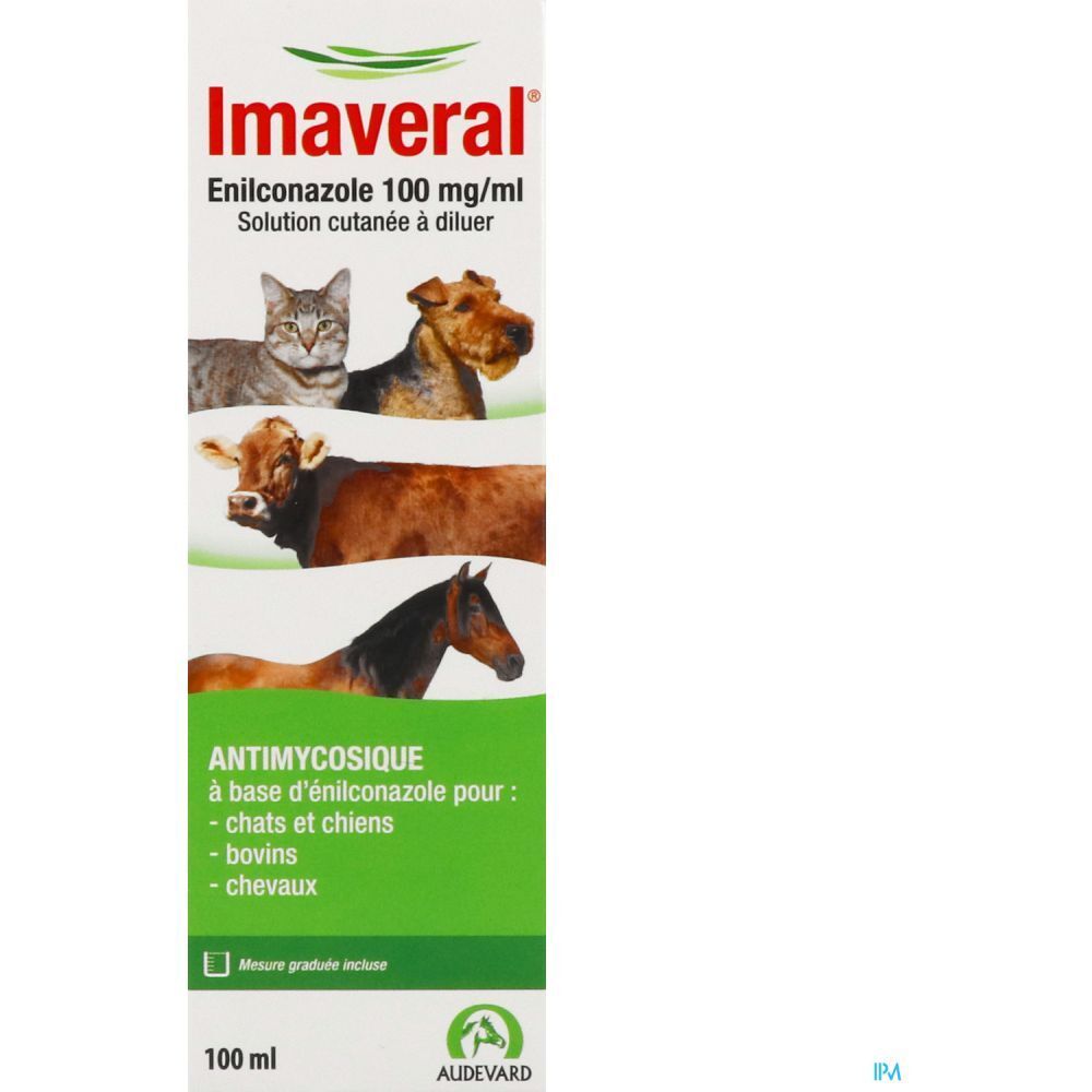 Emballage blanc avec inscription Imaveral, Enilconazole 100 mg/ml. Chat, chien, vache et cheval illustrés.