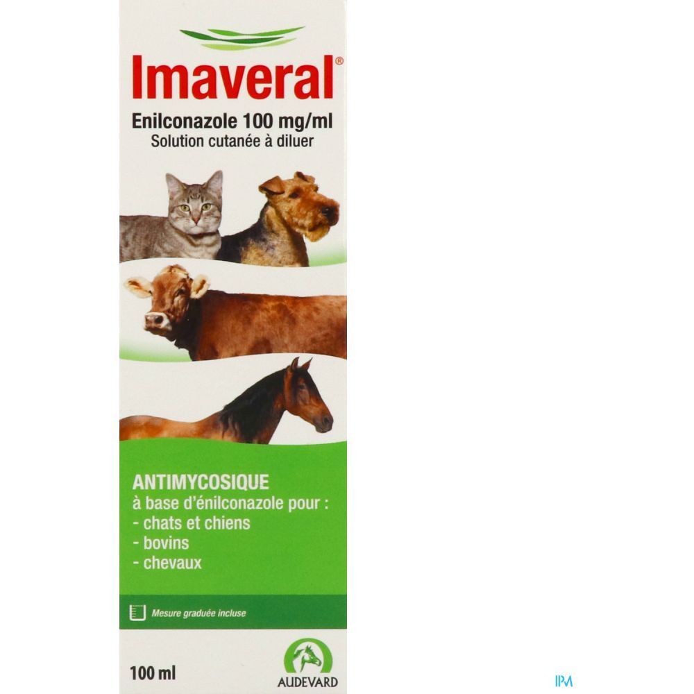 Emballage blanc avec inscription Imaveral, Enilconazole 100 mg/ml. Chat, chien, vache et cheval illustrés.