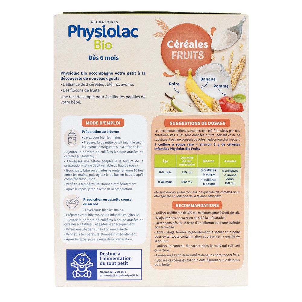 Dos de la boîte Physiolac Bio Céréales Fruits. Instructions d'utilisation, recommandations de dosage et conseils.