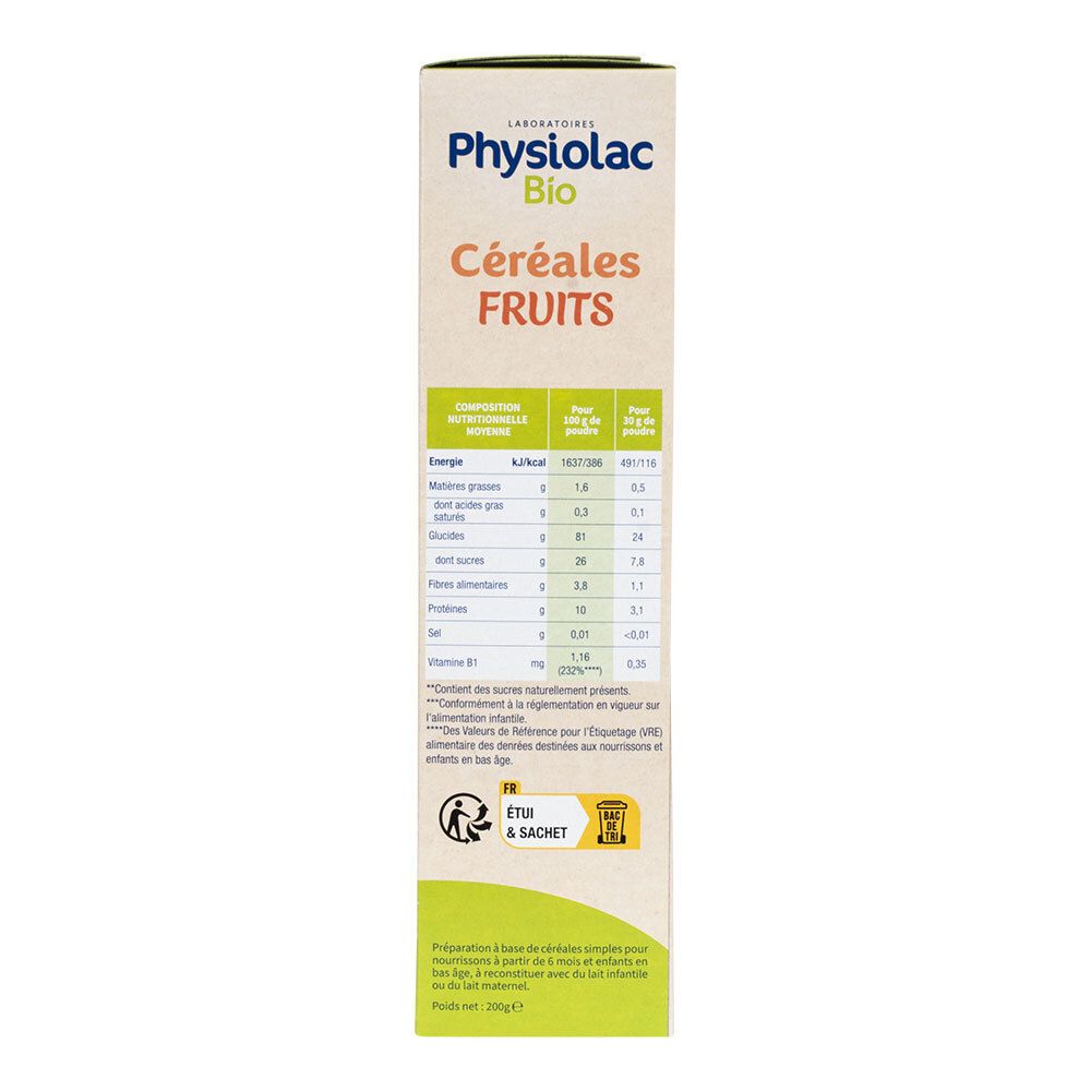 Côté de la boîte Physiolac Bio Céréales Fruits. Informations nutritionnelles et informations sur les ingrédients.