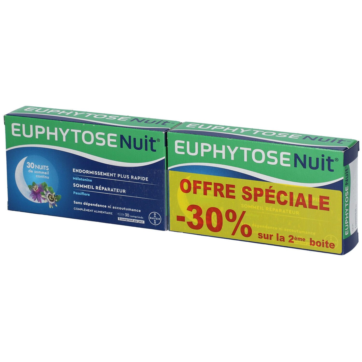 Deux boîtes EuphytoseNuit. L'une affiche "30 Nuits". L'autre propose une offre spéciale -30%.