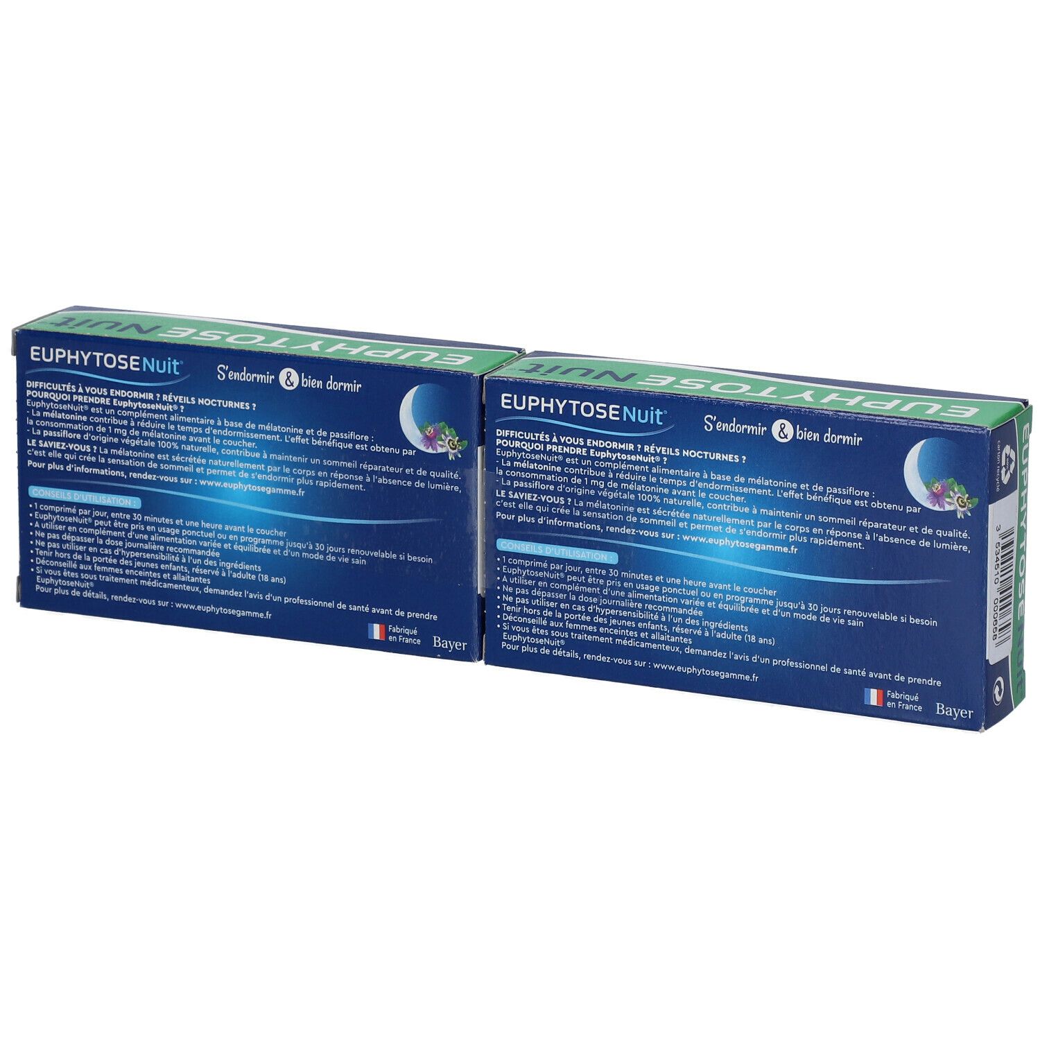 Deux boîtes EuphytoseNuit, dos. Texte en français. Logo Bayer.