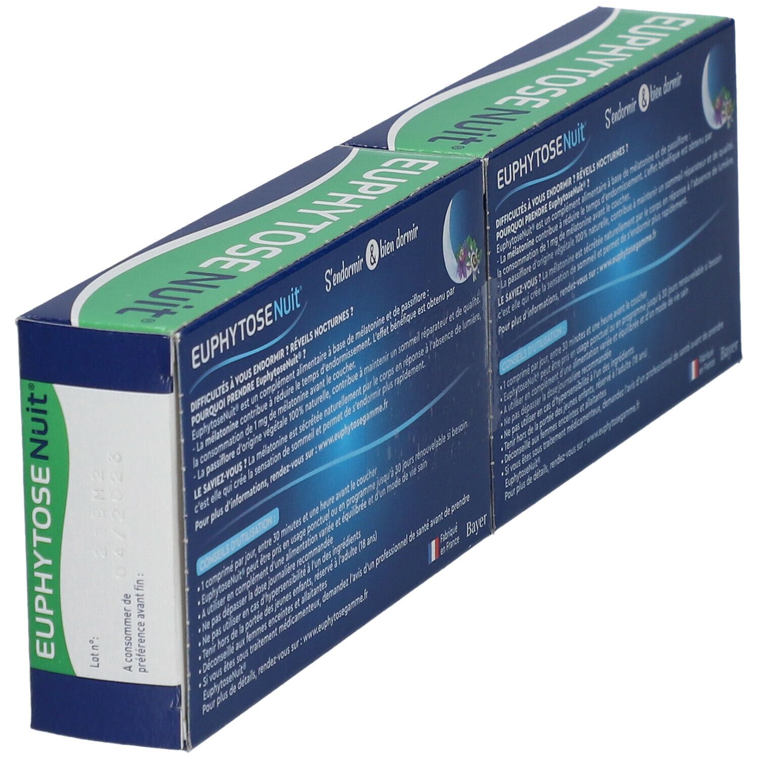Deux boîtes EuphytoseNuit en biais. Dos avec texte. Logo Bayer.