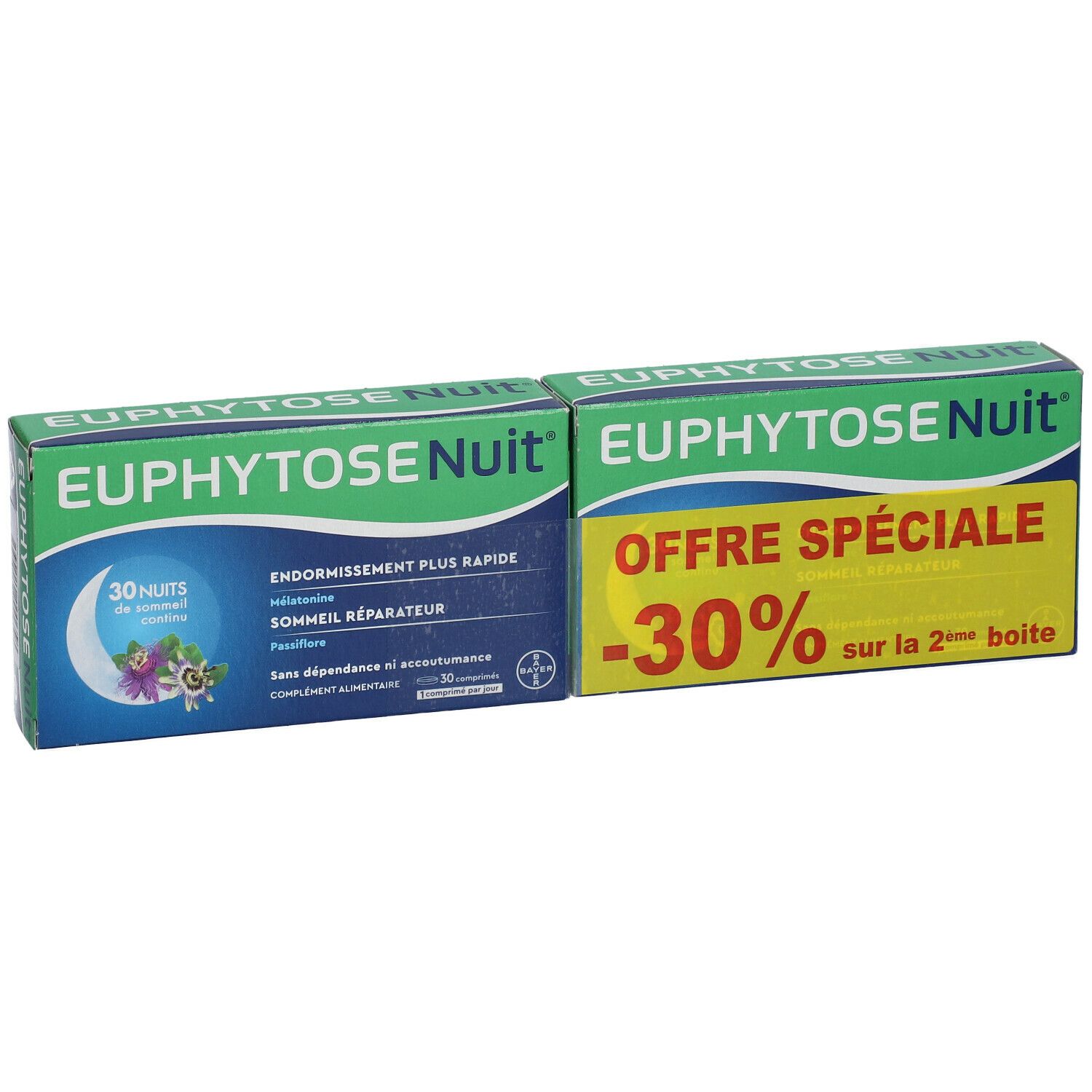 Deux boîtes EuphytoseNuit. L'une affiche "30 Nuits". L'autre propose une offre spéciale -30%.