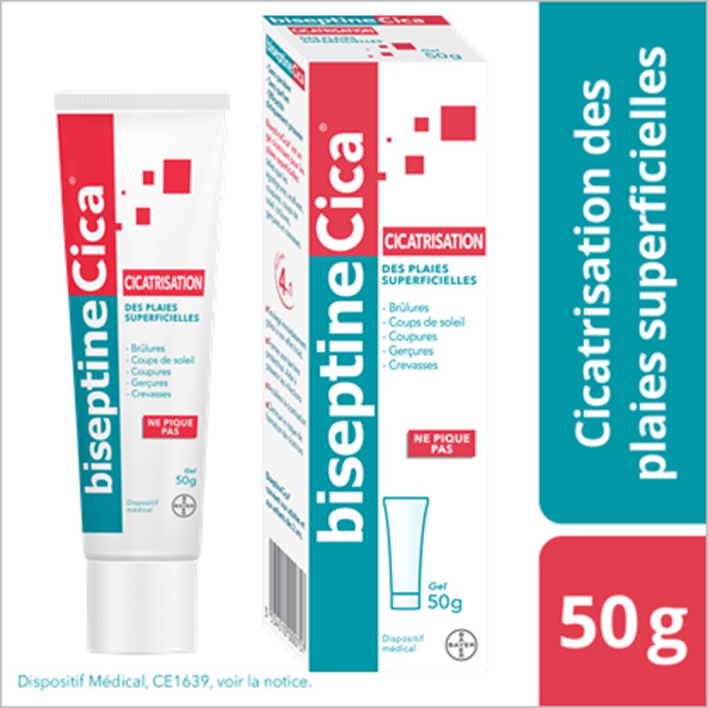 Tube et boîte biseptineCica®. Tube et boîte avec informations produit. Gel 50g.