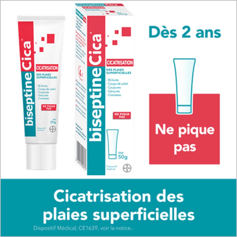 Tube et boîte biseptineCica®. Informations produit, illustrations et texte. Dès 2 ans.