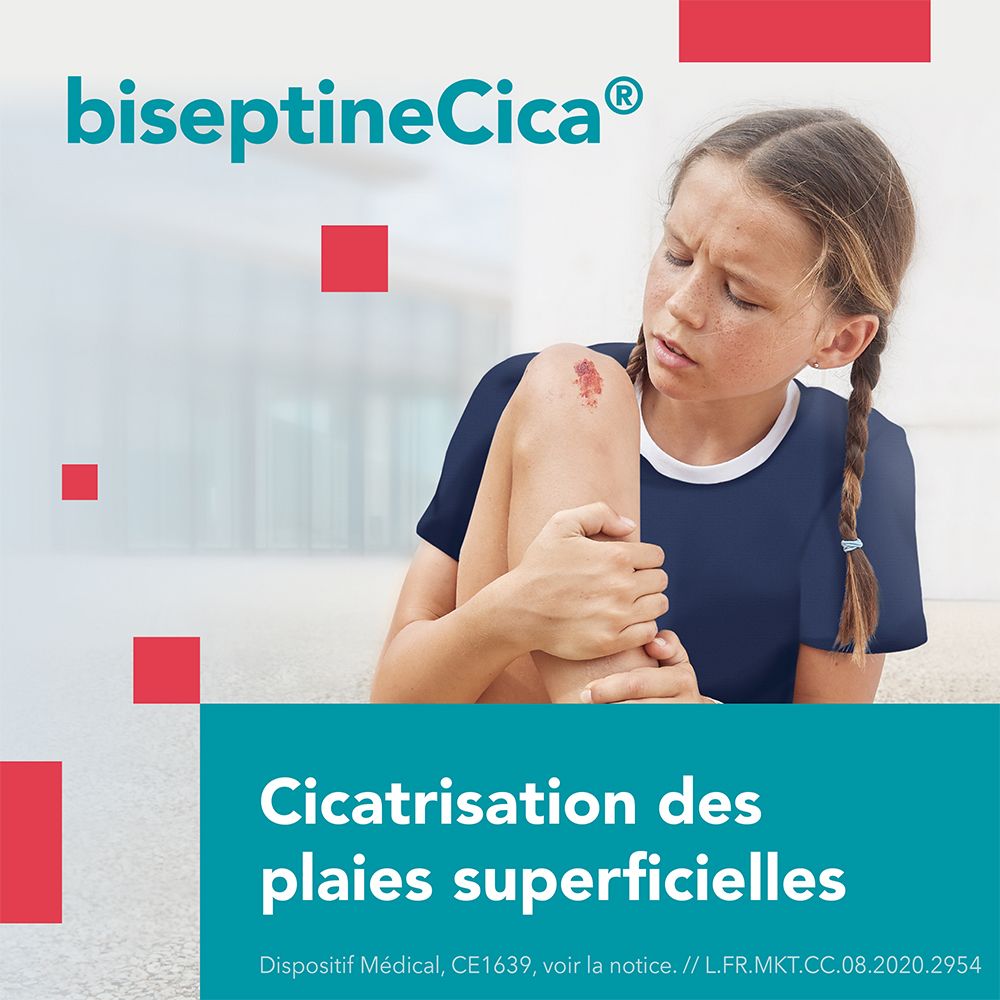 Enfant avec blessure au genou. Logo biseptineCica® et texte: Cicatrisation des plaies superficielles.