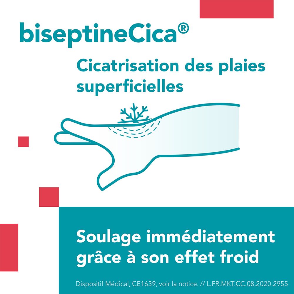 Main avec illustration d'une blessure. Logo biseptineCica® et texte: Cicatrisation des plaies superficielles.