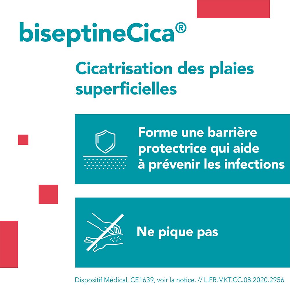 Illustration d'une main. Logo biseptineCica® et texte. Forme une barrière protectrice qui aide à prévenir les infections.