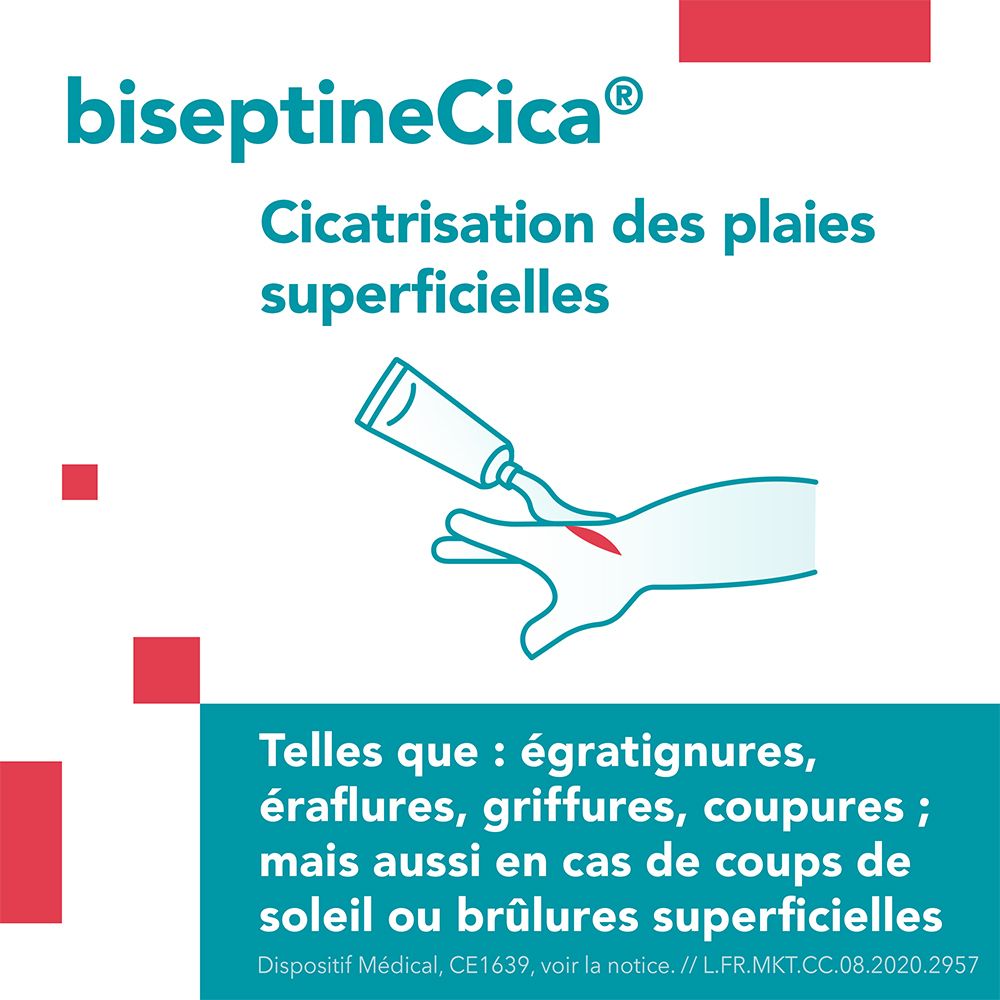 Illustration d'une main avec blessure. Logo biseptineCica® et texte. Telles que : égratignures, éraflures, griffures, coupures.