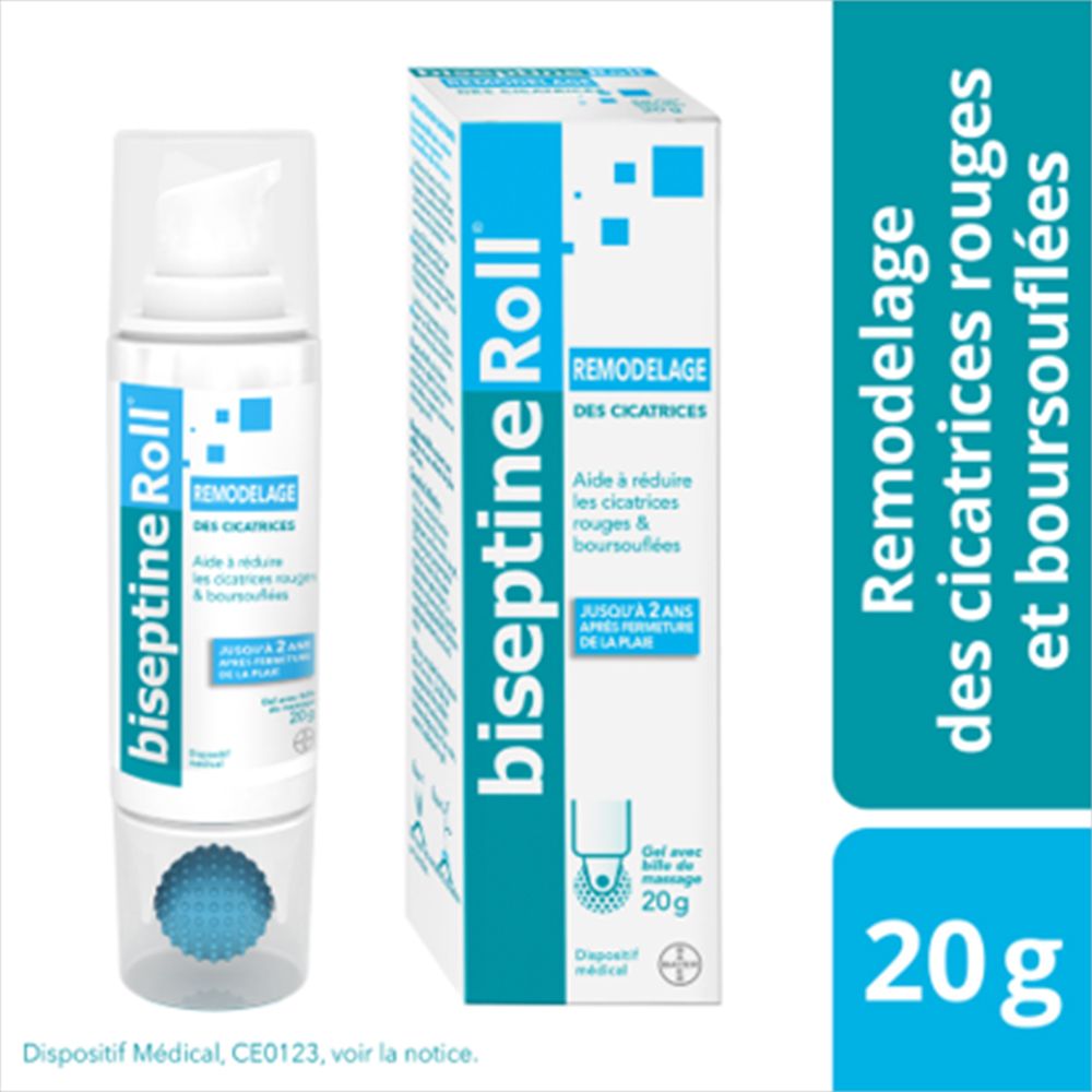 Biseptine Roll Narbencreme und Verpackung. Blaue und weiße Farben. 20g. Medizinprodukt.