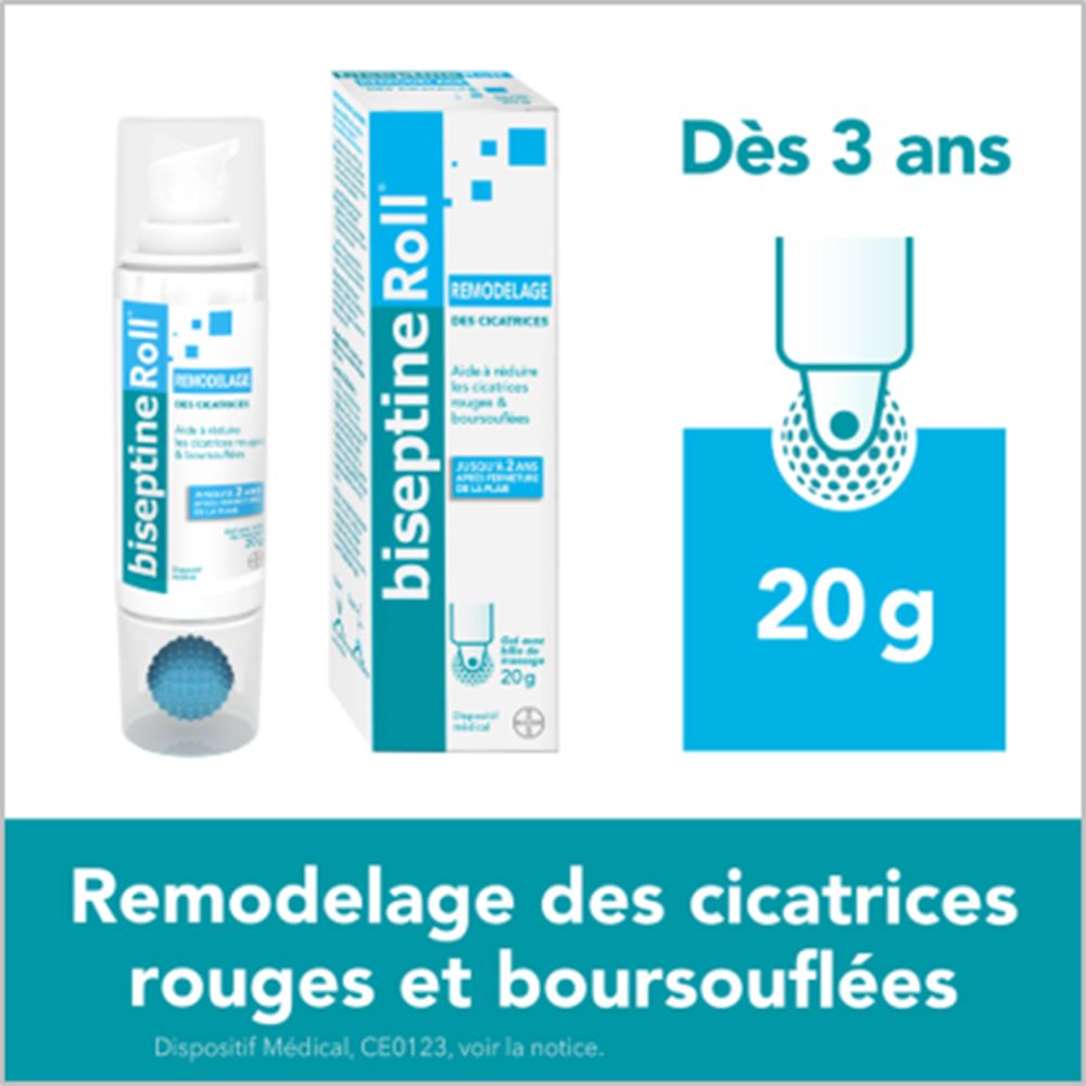 Biseptine Roll Narbencreme und Verpackung. Blaue und weiße Farben. 20g. Ab 3 Jahren.