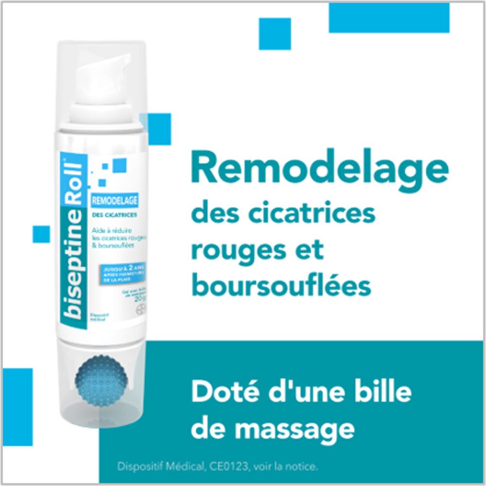 Biseptine Roll Narbencreme. Enthält eine Massagekugel. Blaue und weiße Farben.