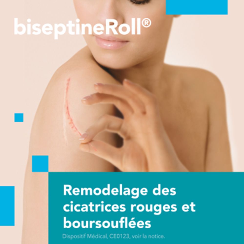 Biseptine Roll Narbencreme. Anwendung auf der Haut. Rote Narbe sichtbar.