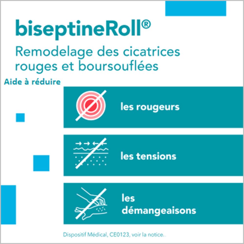 Biseptine Roll Narbencreme. Illustrationen: Rötungen, Spannungen, Juckreiz werden reduziert.
