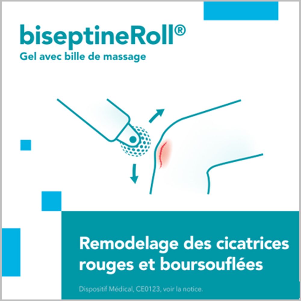 Biseptine Roll Narbencreme. Illustration der Massagekugel auf der Haut. Blaue und weiße Farben.