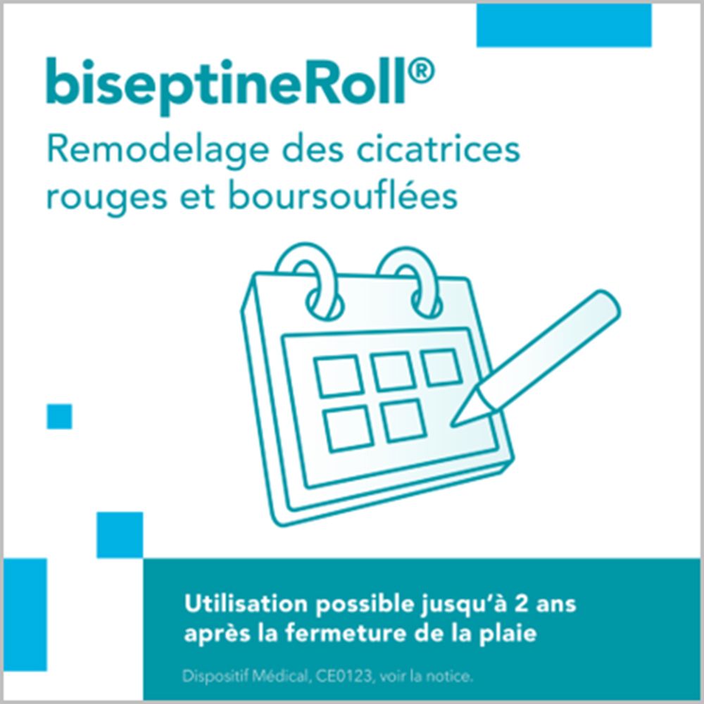 Biseptine Roll Narbencreme. Illustration eines Kalenders. Anwendung bis zu 2 Jahre nach der Wunde.