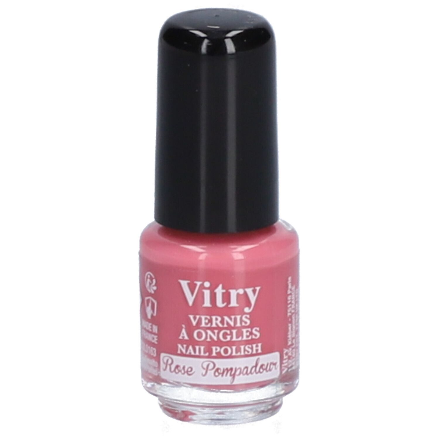 Flacon de vernis à ongles rose avec bouchon noir. Inscription: Vitry, Rose Pompadour.