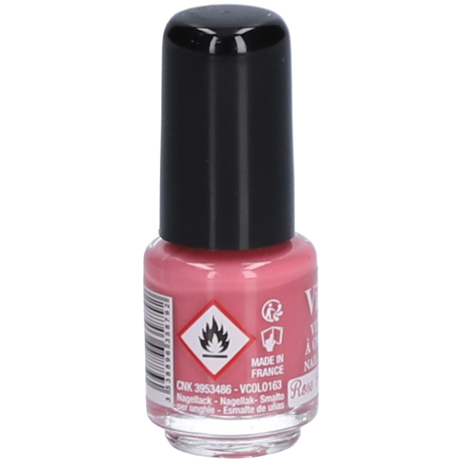 Flacon de vernis à ongles rose avec bouchon noir. Inscription: Vitry, Rose Pompadour. Avertissement.