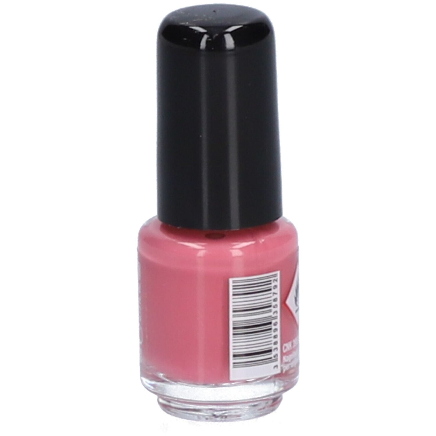 Flacon de vernis à ongles rose avec bouchon noir. Inscription: Vitry, Rose Pompadour. Code-barres.