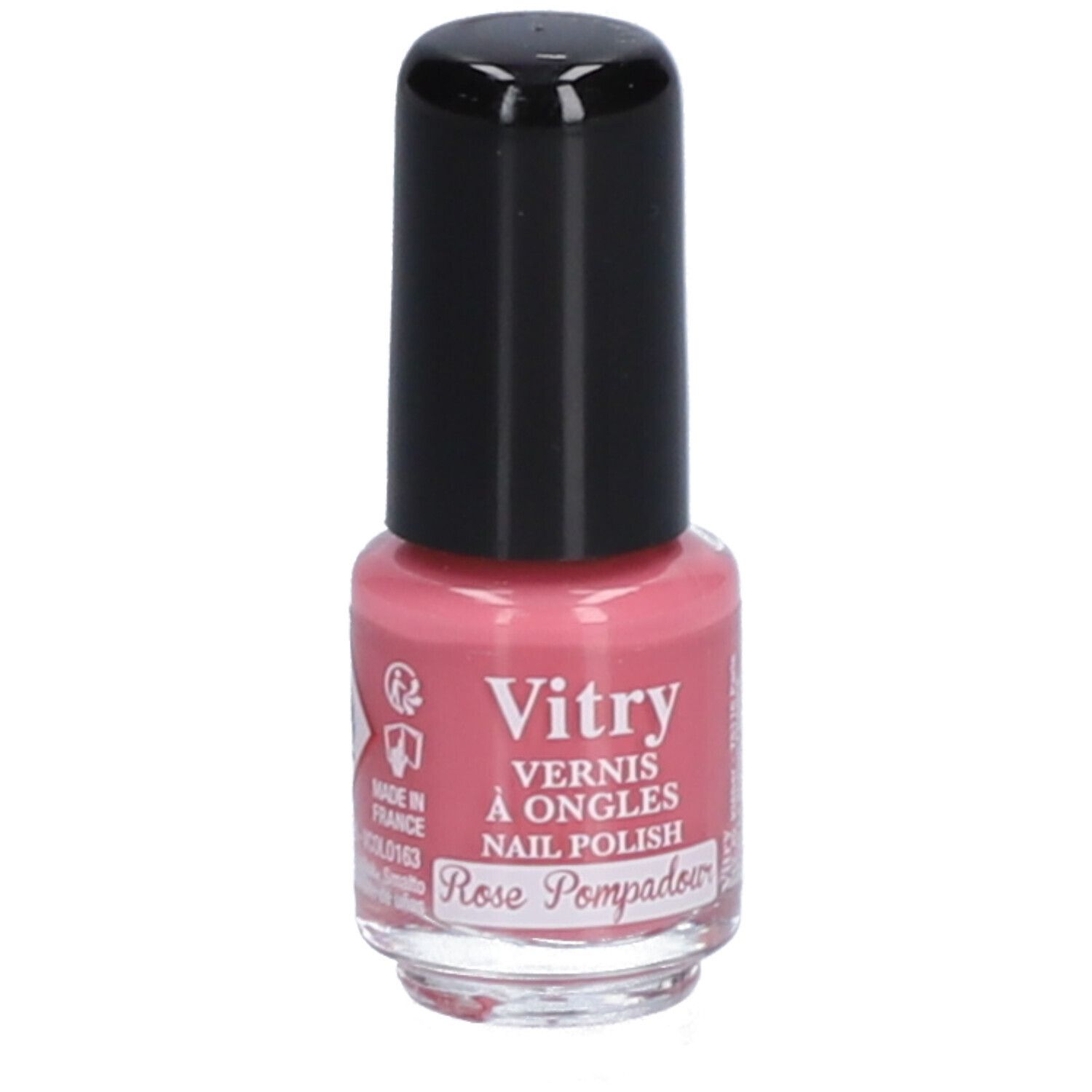 Flacon de vernis à ongles rose avec bouchon noir. Inscription: Vitry, Rose Pompadour. Fabriqué en France.