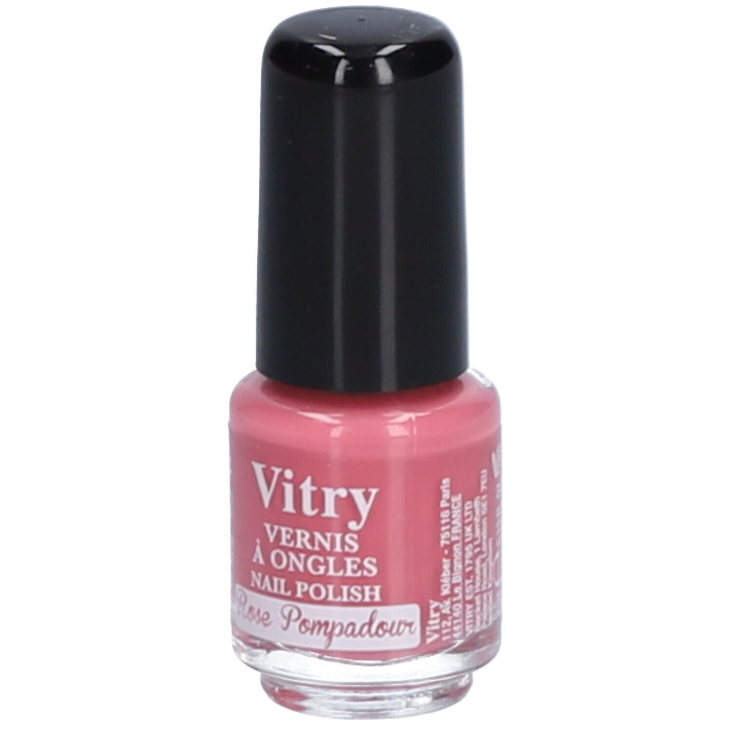 Flacon de vernis à ongles rose avec bouchon noir. Inscription: Vitry, Rose Pompadour. Fabriqué en France.
