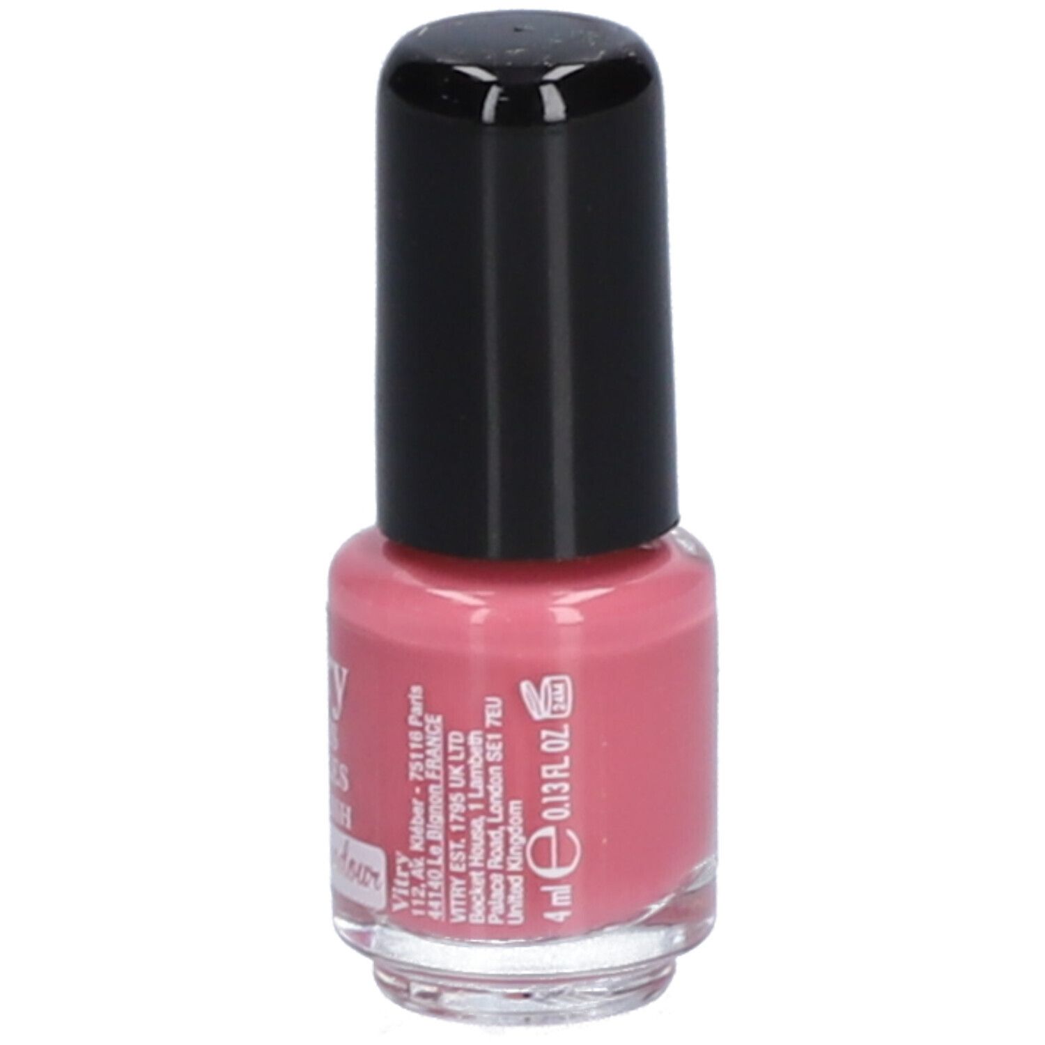 Flacon de vernis à ongles rose avec bouchon noir. Inscription: Vitry, Rose Pompadour. Volume: 4 ml.
