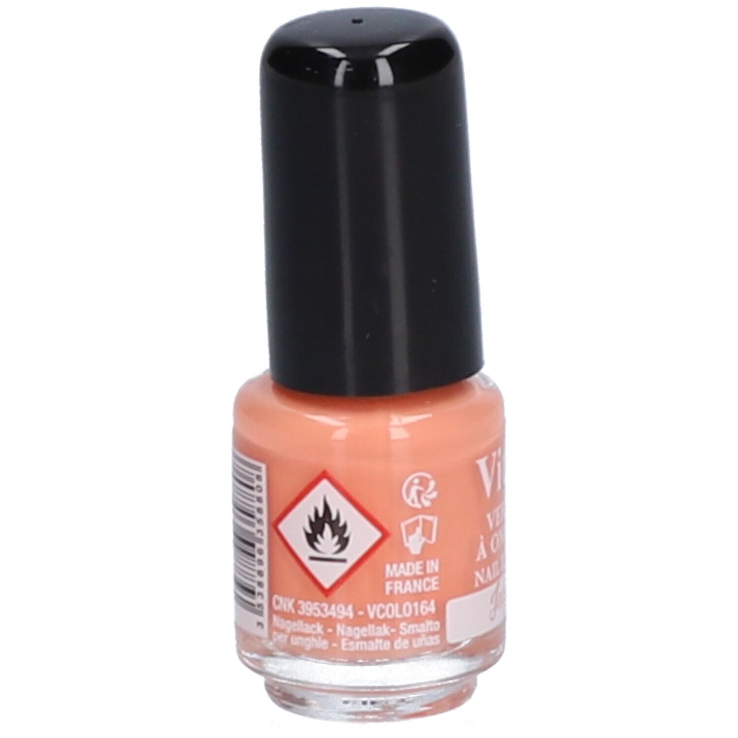 Rückseite der Nagellackflasche. Barcode, Warnhinweis, Aufschrift: Made in France. Pfirsichfarbener Lack.