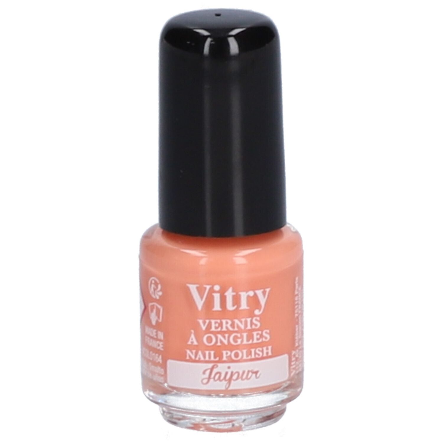 Nagellackflasche mit schwarzem Deckel. Aufschrift: Vitry, Vernis à Ongles, Nail Polish, Jaipur. Pfirsichfarbener Lack.