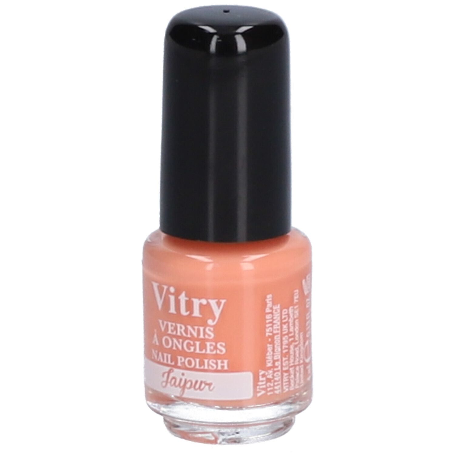 Nagellackflasche mit schwarzem Deckel. Aufschrift: Vitry, Vernis à Ongles, Nail Polish, Jaipur. Pfirsichfarbener Lack.