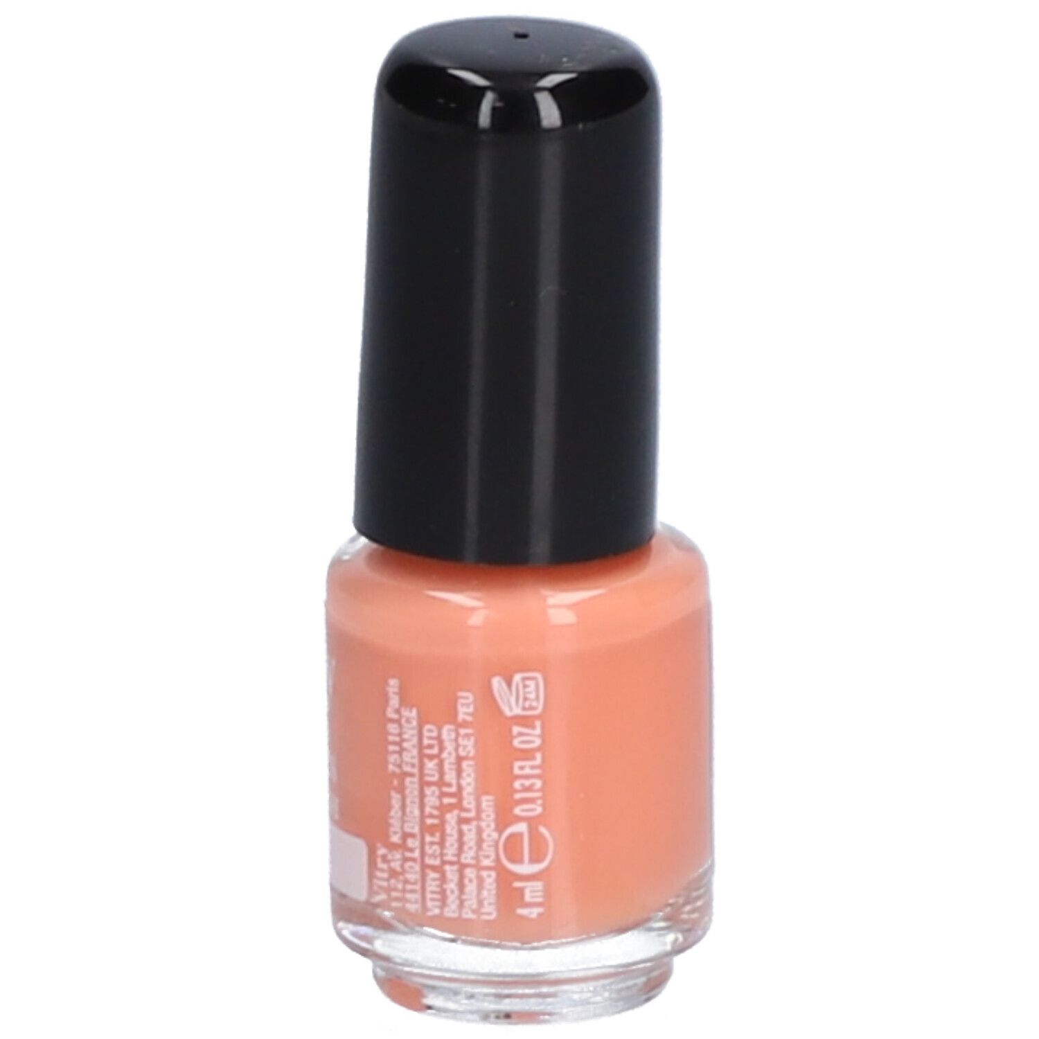 Nagellackflasche mit schwarzem Deckel. Aufschrift: Vitry, 4 ml, 0.13 fl. oz. Pfirsichfarbener Lack.