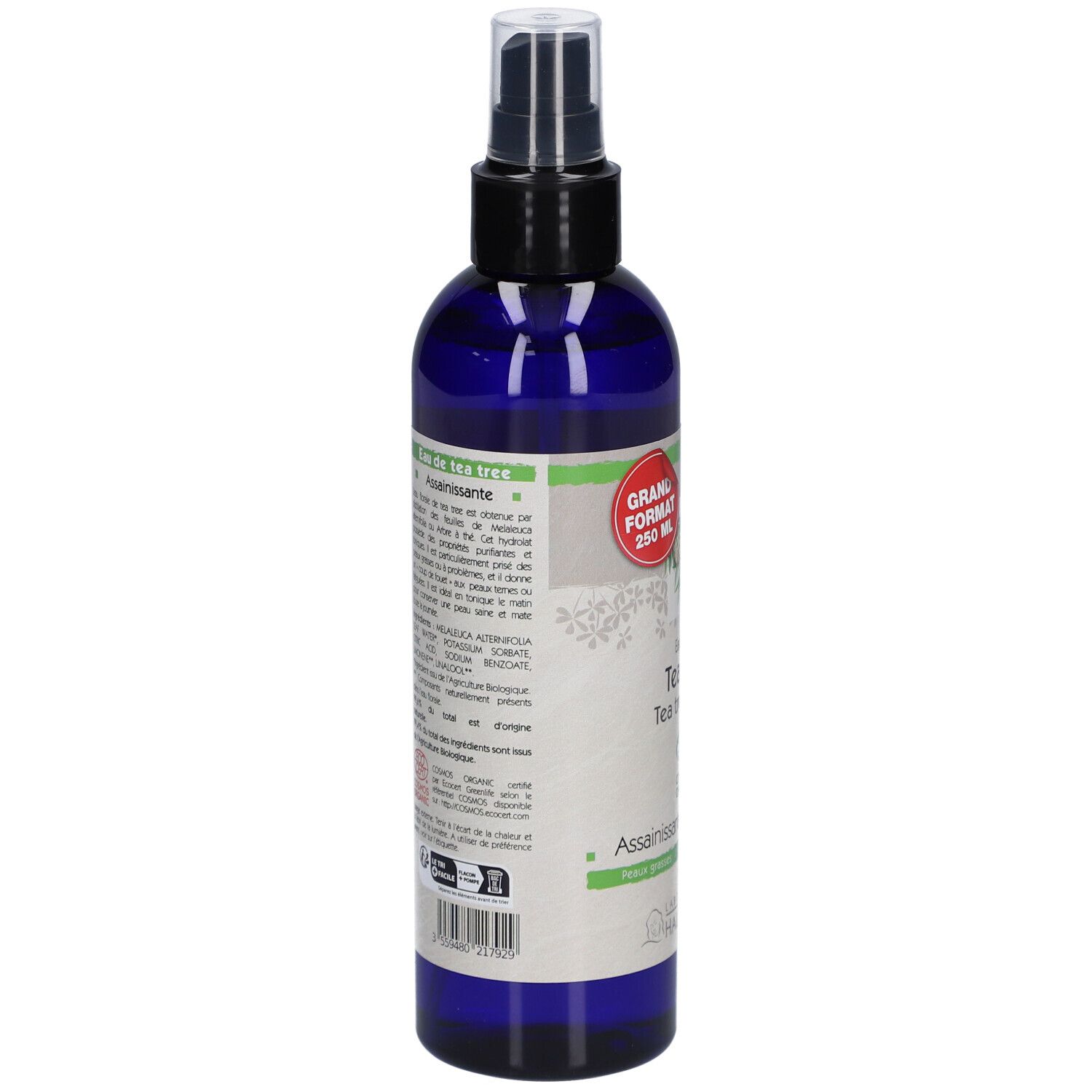 Blaue Flasche mit Sprühkopf. Rückseite mit Text und Inhaltsstoffen. Bio-Zertifizierung. Großes Format.