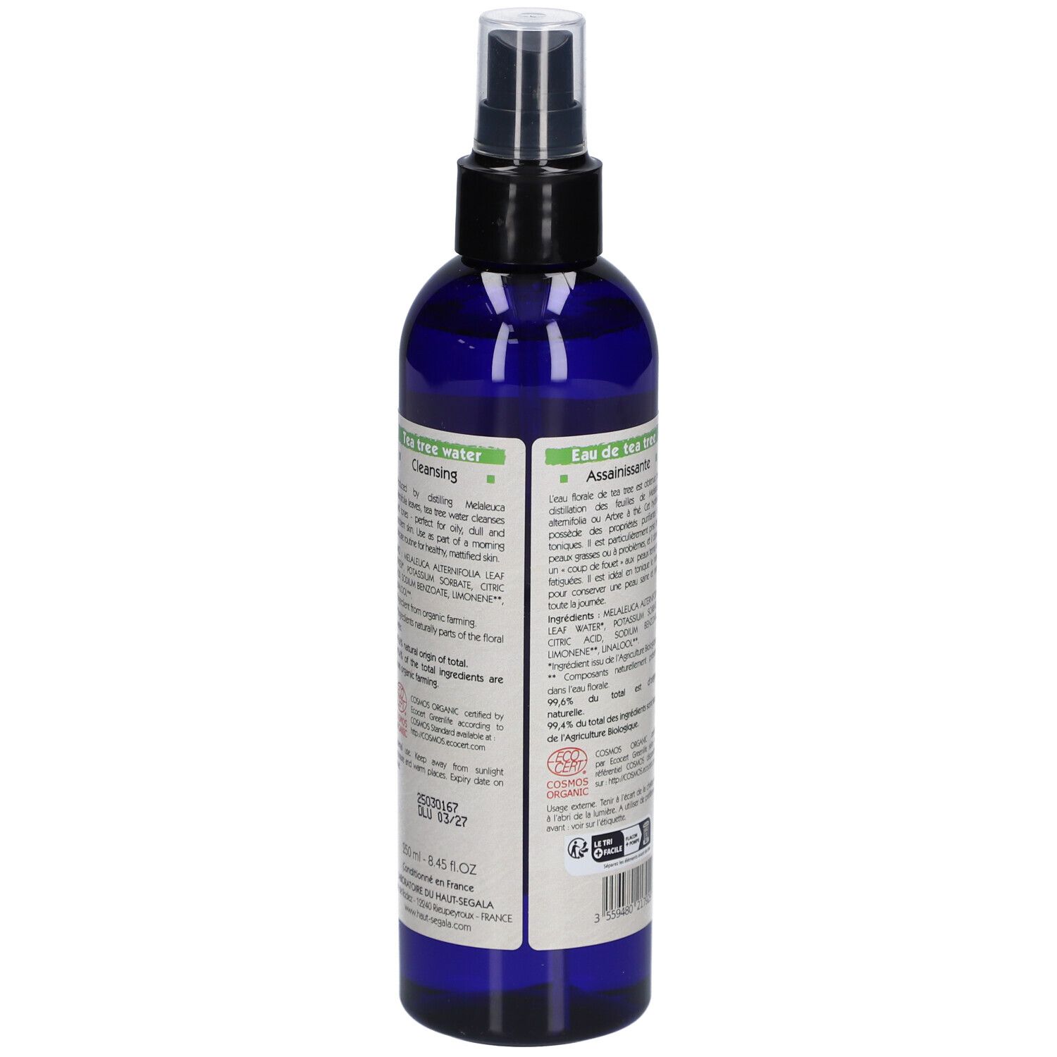 Blaue Flasche mit Sprühkopf. Rückseite mit Text und Inhaltsstoffen. Bio-Zertifizierung. Großes Format.