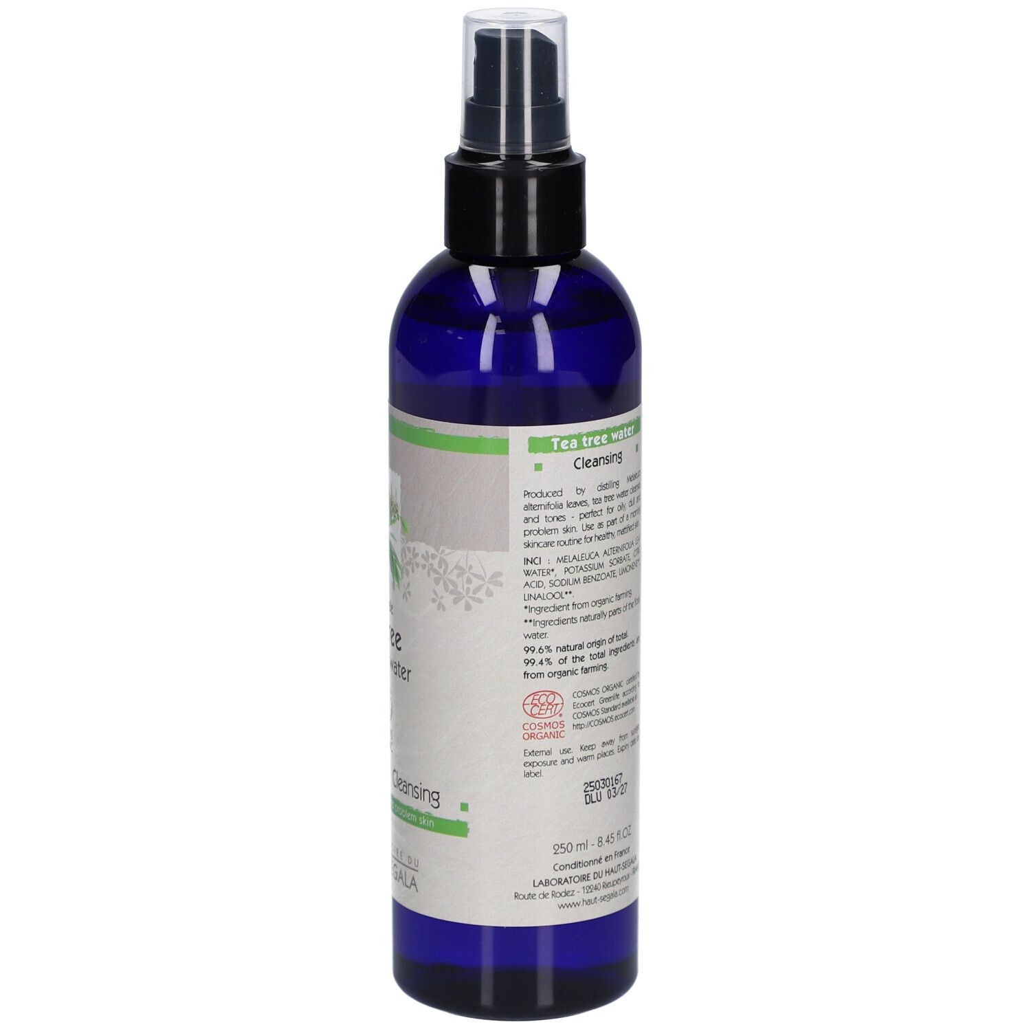 Blaue Flasche mit Sprühkopf. Rückseite mit Text und Inhaltsstoffen. Bio-Zertifizierung. Großes Format.